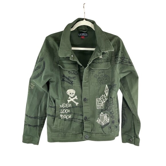 Black Pike Handcrafted Olive Green Denim Jacket Graphic Button Front  Size S - Picture 1 of 9